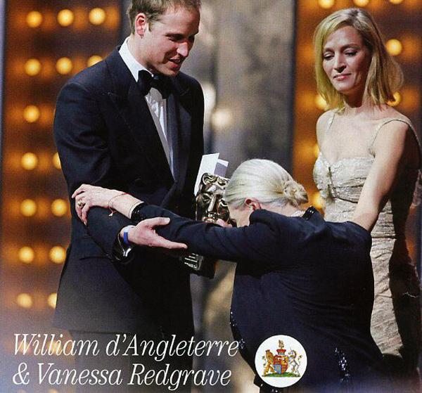 Vaness Redgrave kneels before Prince William