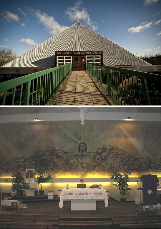 Exterior and interior of the pyramid shaped Sacred Heart Catholic Church