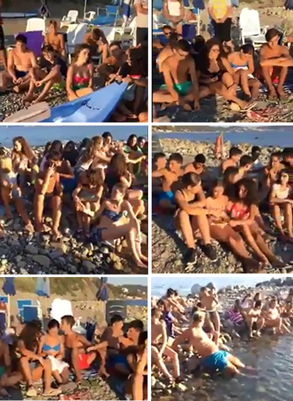 beach-goers attending mass in swimsuits