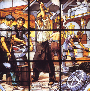 A staiend glass window depicting workers